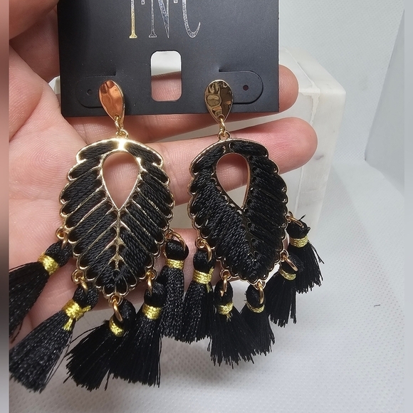 INC Fashion Gold Tone Black Tassel Earrings - Picture 4 of 6